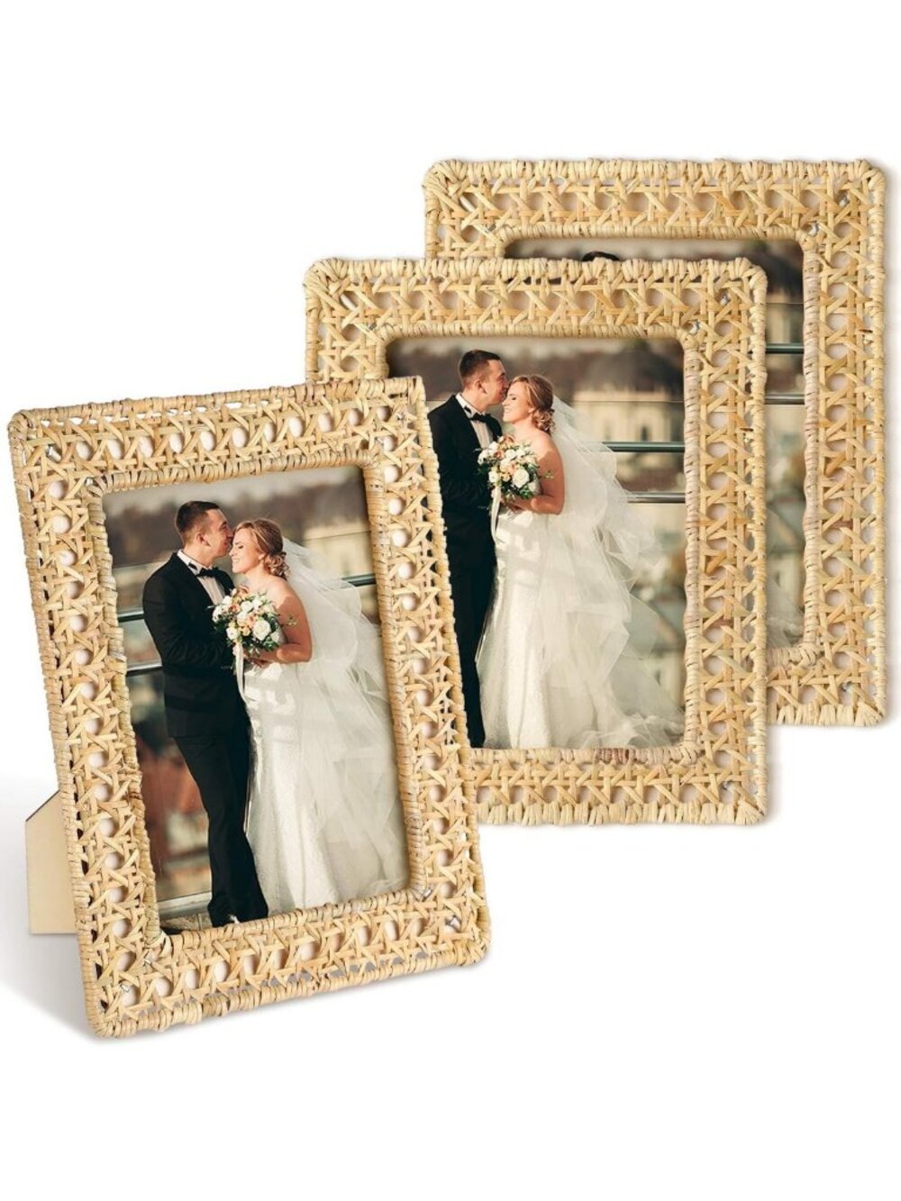 Boho Woven Rattan Picture Frame Set - Rustic Wicker Photo Frames for Tabletop